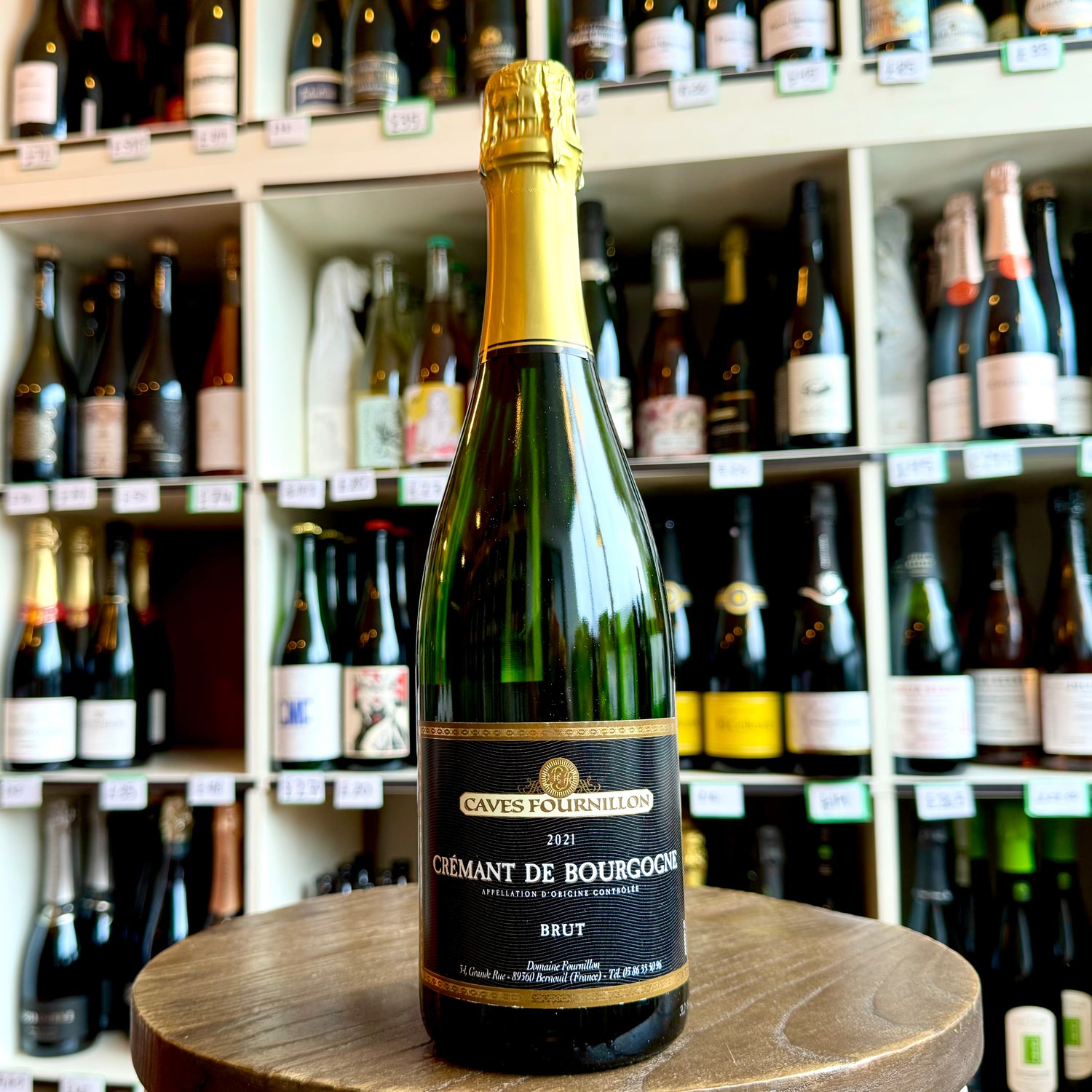 Domaine Fournillon Crémant de Bourgogne Brut bottle in a wine shop